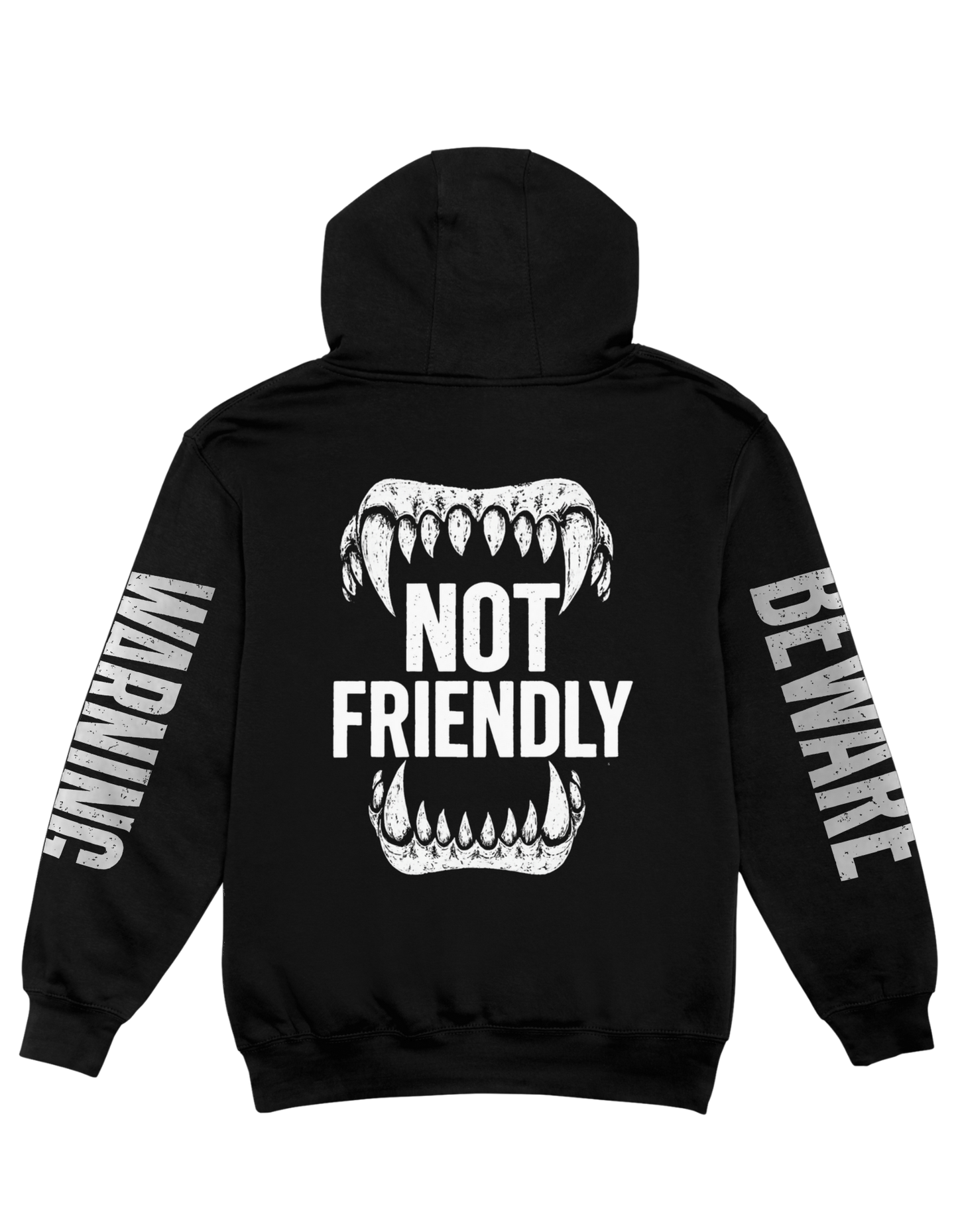 Black hoodie with 'Not Friendly' graphic on the back and 'Warning' text on sleeves.