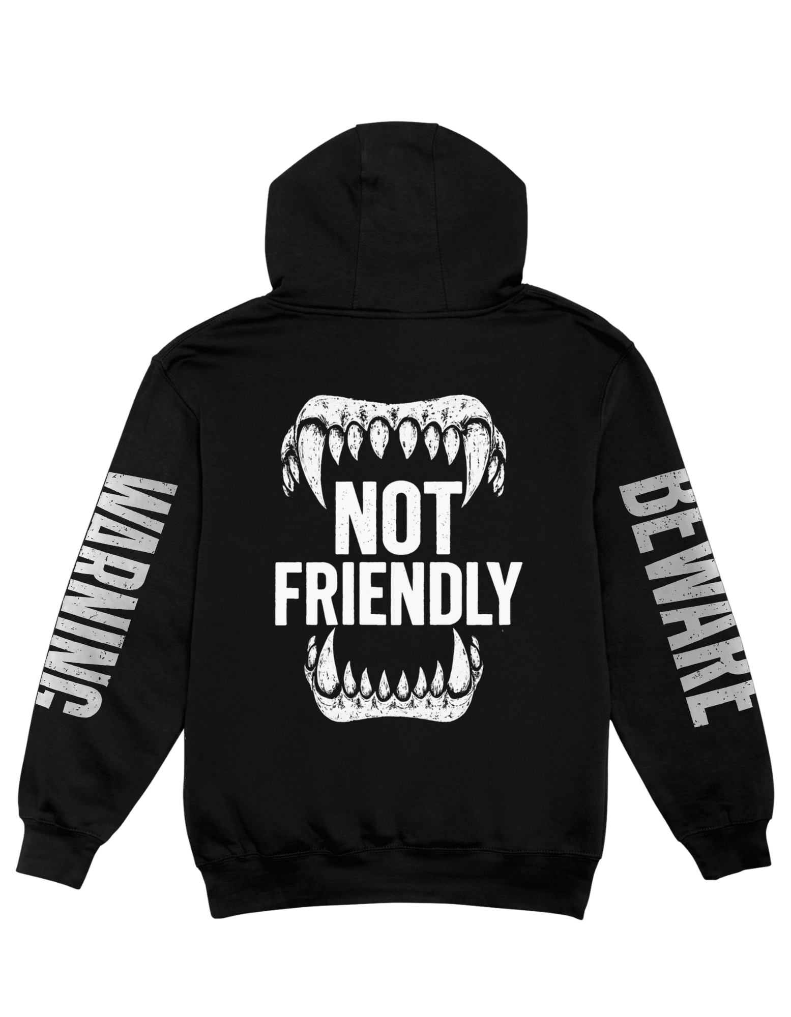 Black hoodie with 'Not Friendly' graphic on the back and 'Warning' text on sleeves.