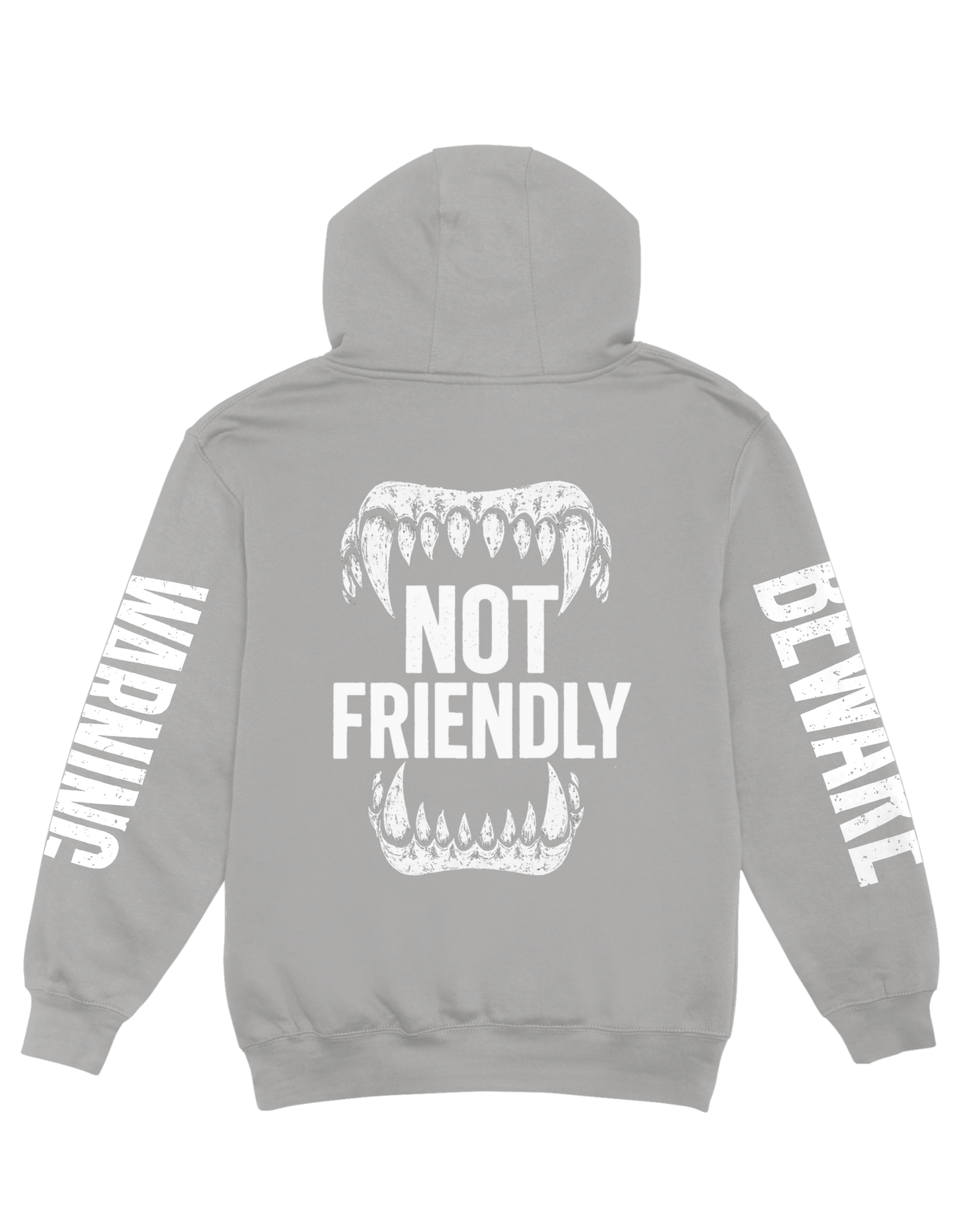Gray hoodie with 'Not Friendly' graphic and text on a white background