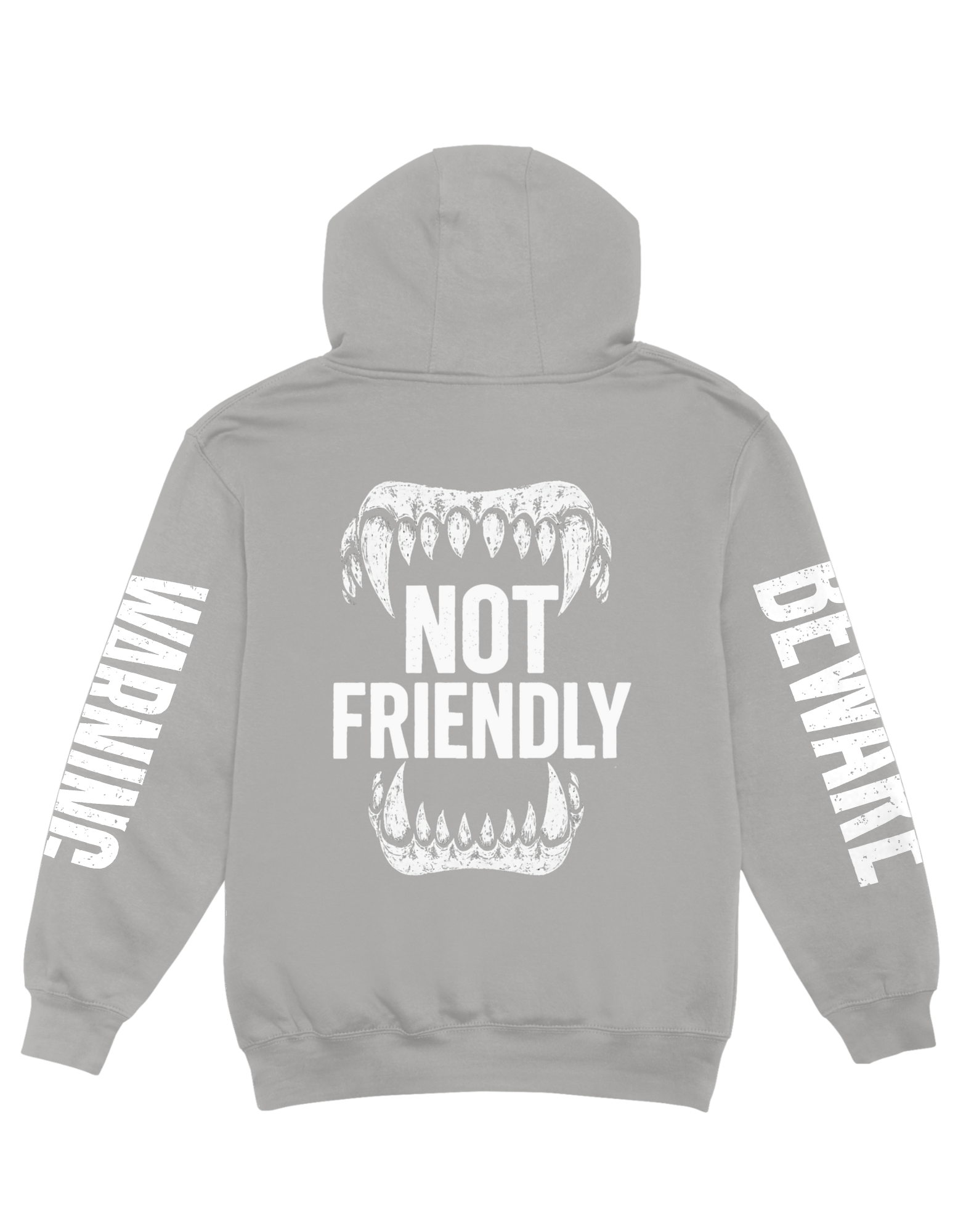 Gray hoodie with 'Not Friendly' graphic and text on a white background