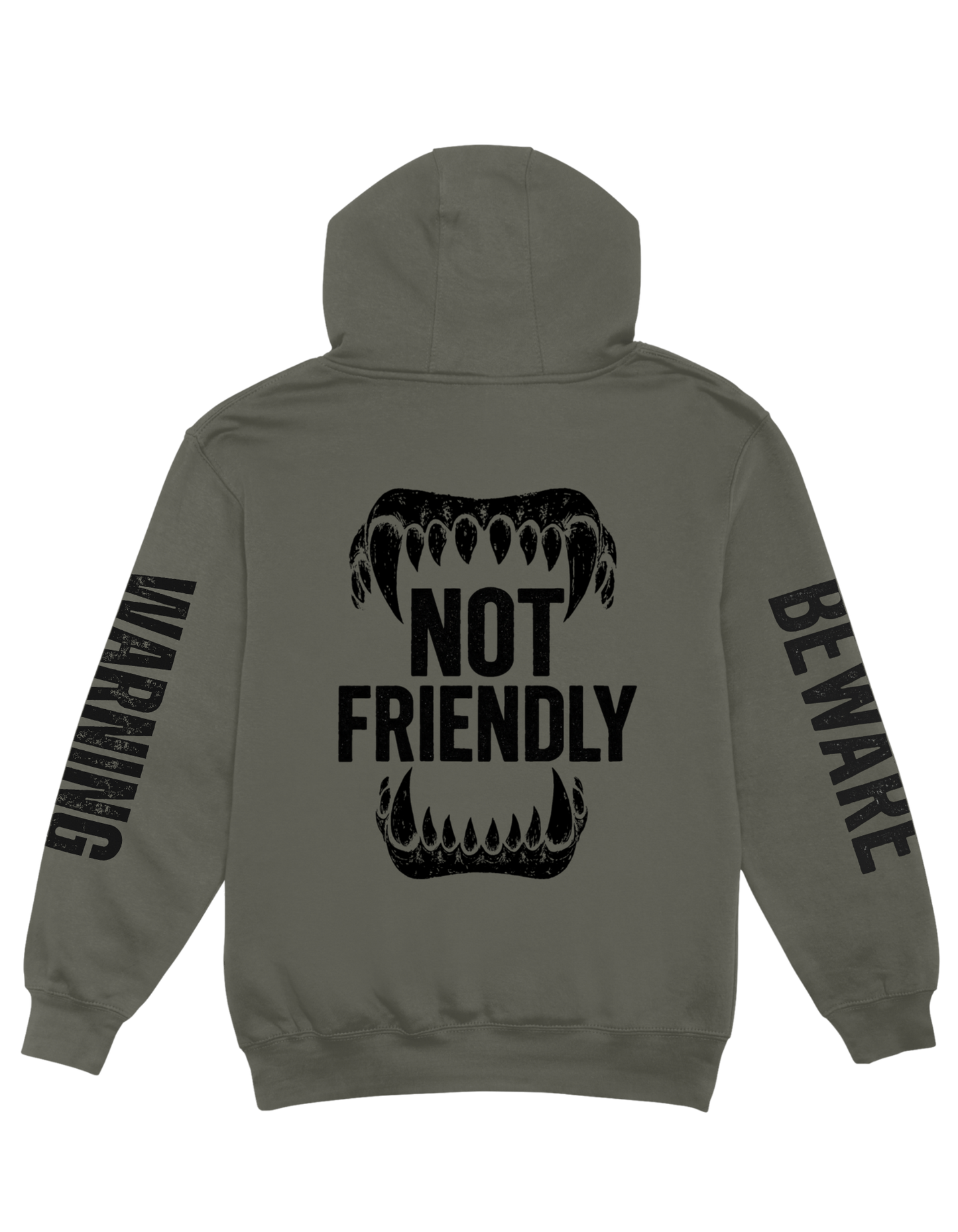 Olive Green hoodie with 'Not Friendly' graphic and text on the back, on a white background