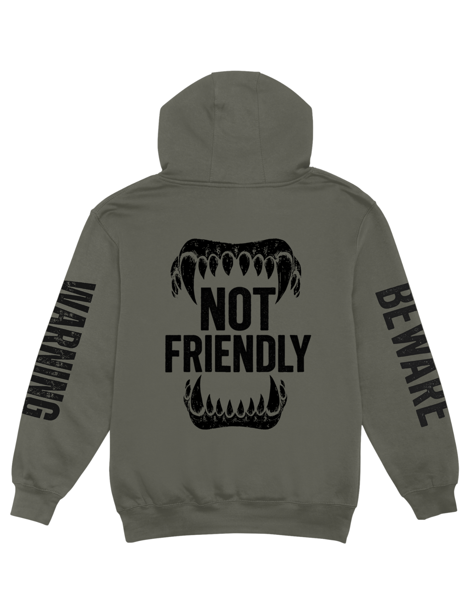 Olive Green hoodie with 'Not Friendly' graphic and text on the back, on a white background