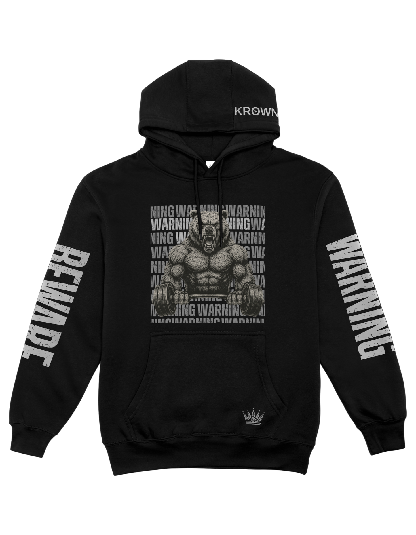 Black hoodie with graphic design and text on a white background