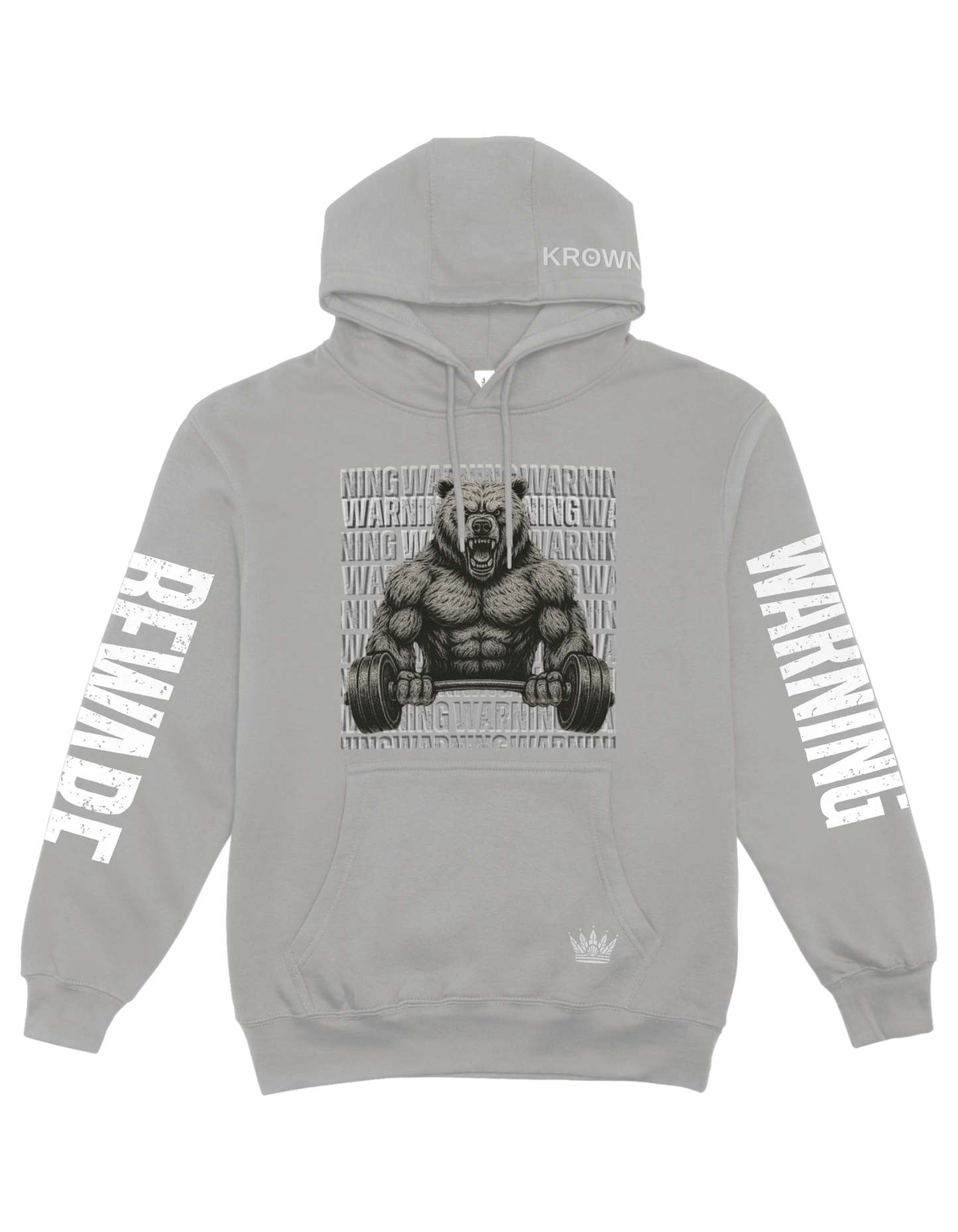 Gray hoodie with bear lifting weights graphic and text on a white background
