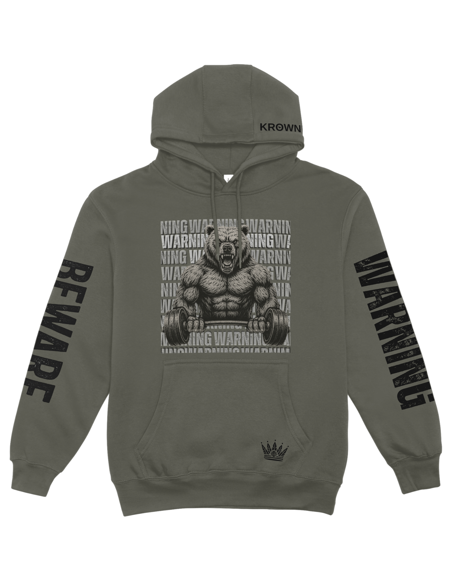 Olive Green hoodie with bear graphic and text on a white background