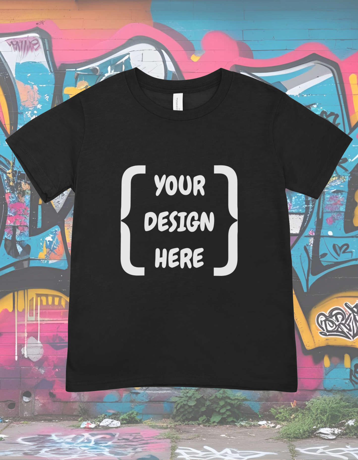 Black t-shirt with 'Your Design Here' text on a colorful graffiti background