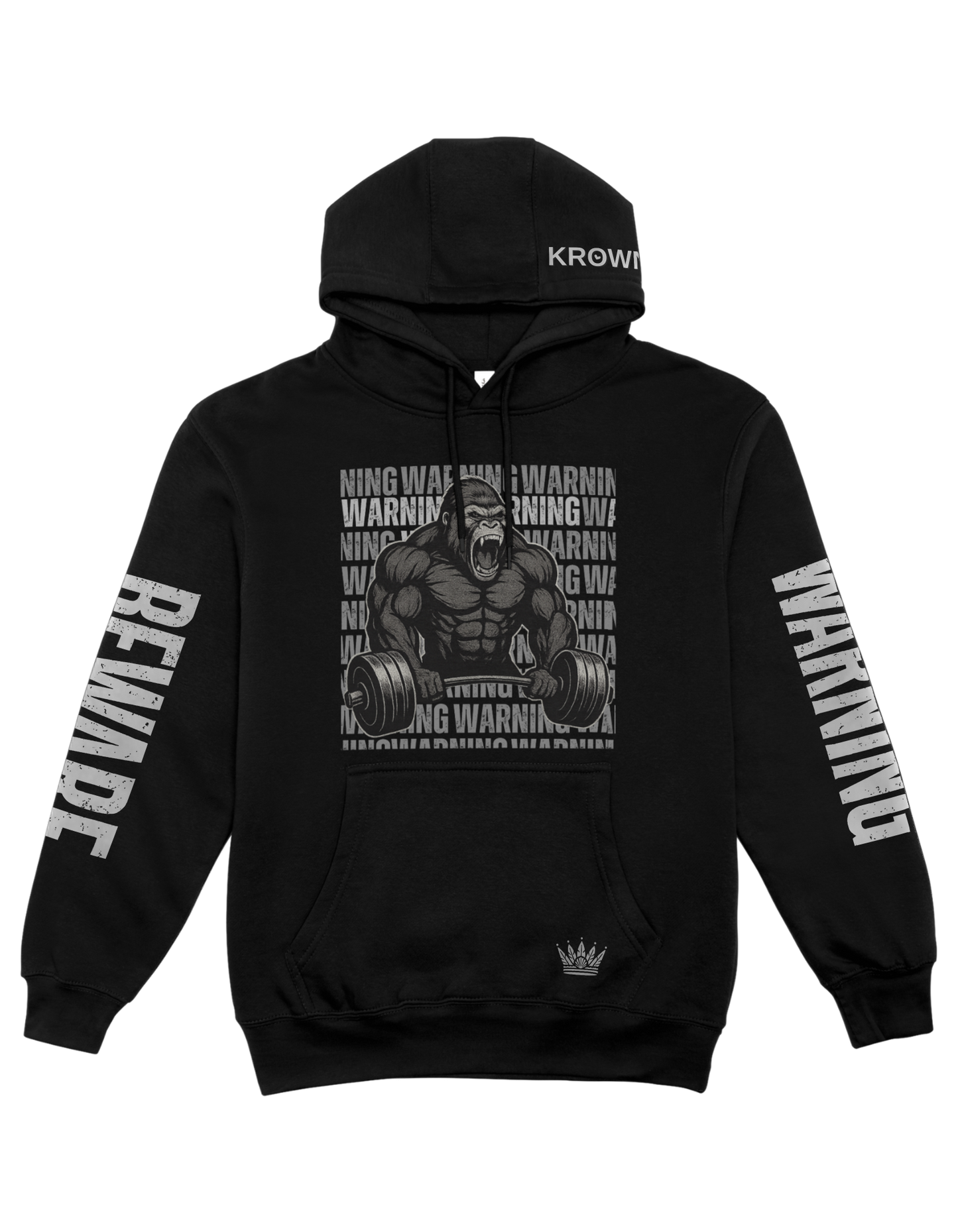 Black hoodie with graphic design and text on a white background