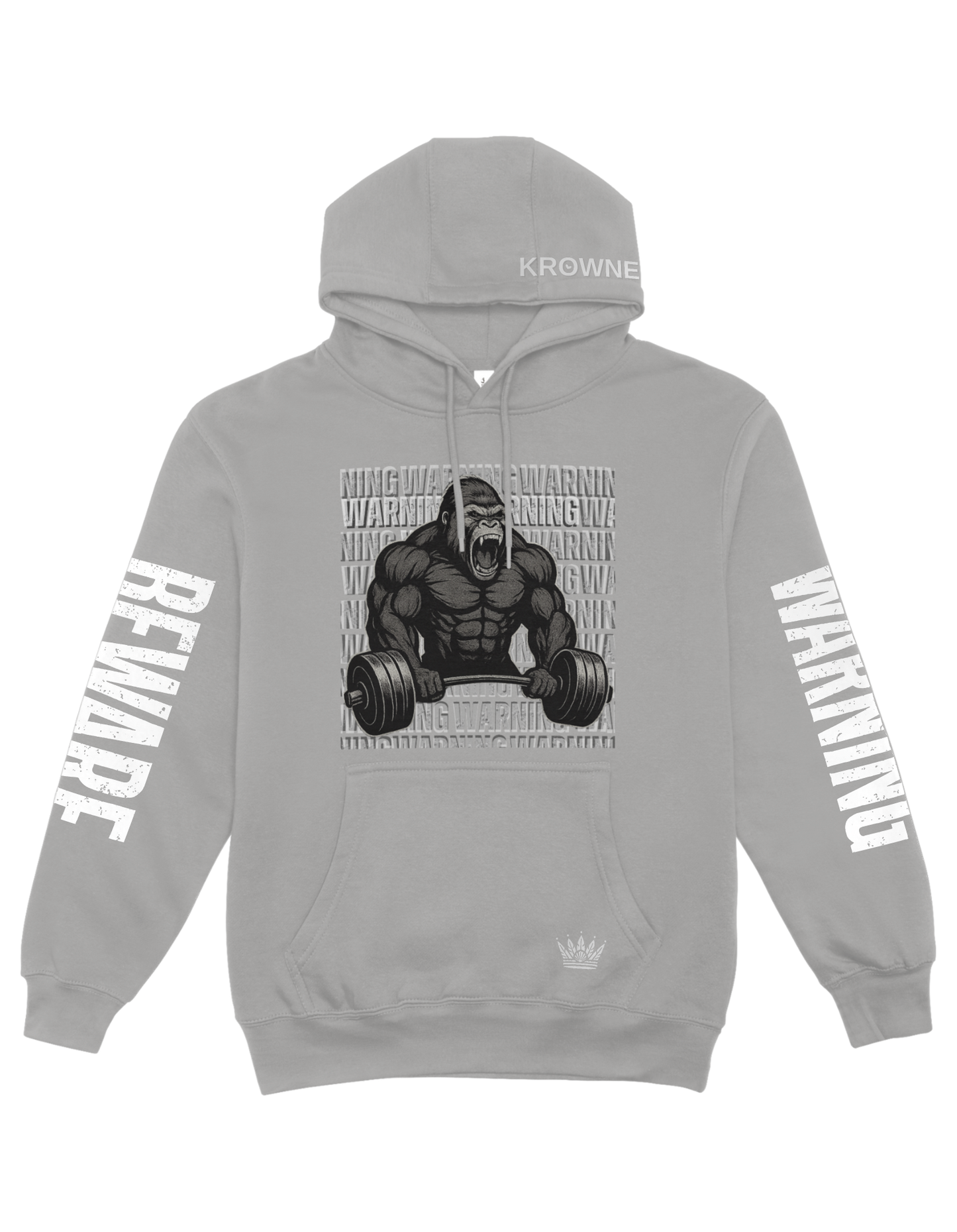 Gray hoodie with a graphic of a gorilla lifting weights and text on a white background