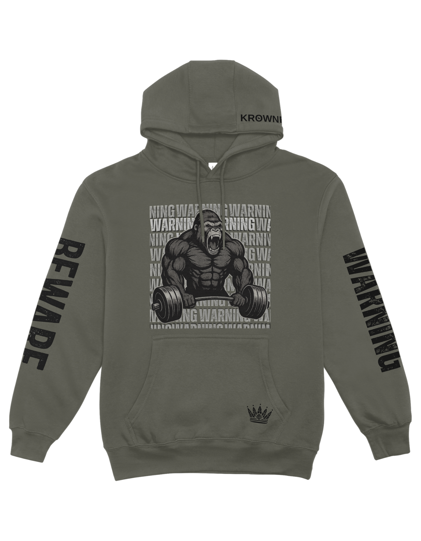 Olive Green hoodie with a graphic of a gorilla lifting weights and text on a white background