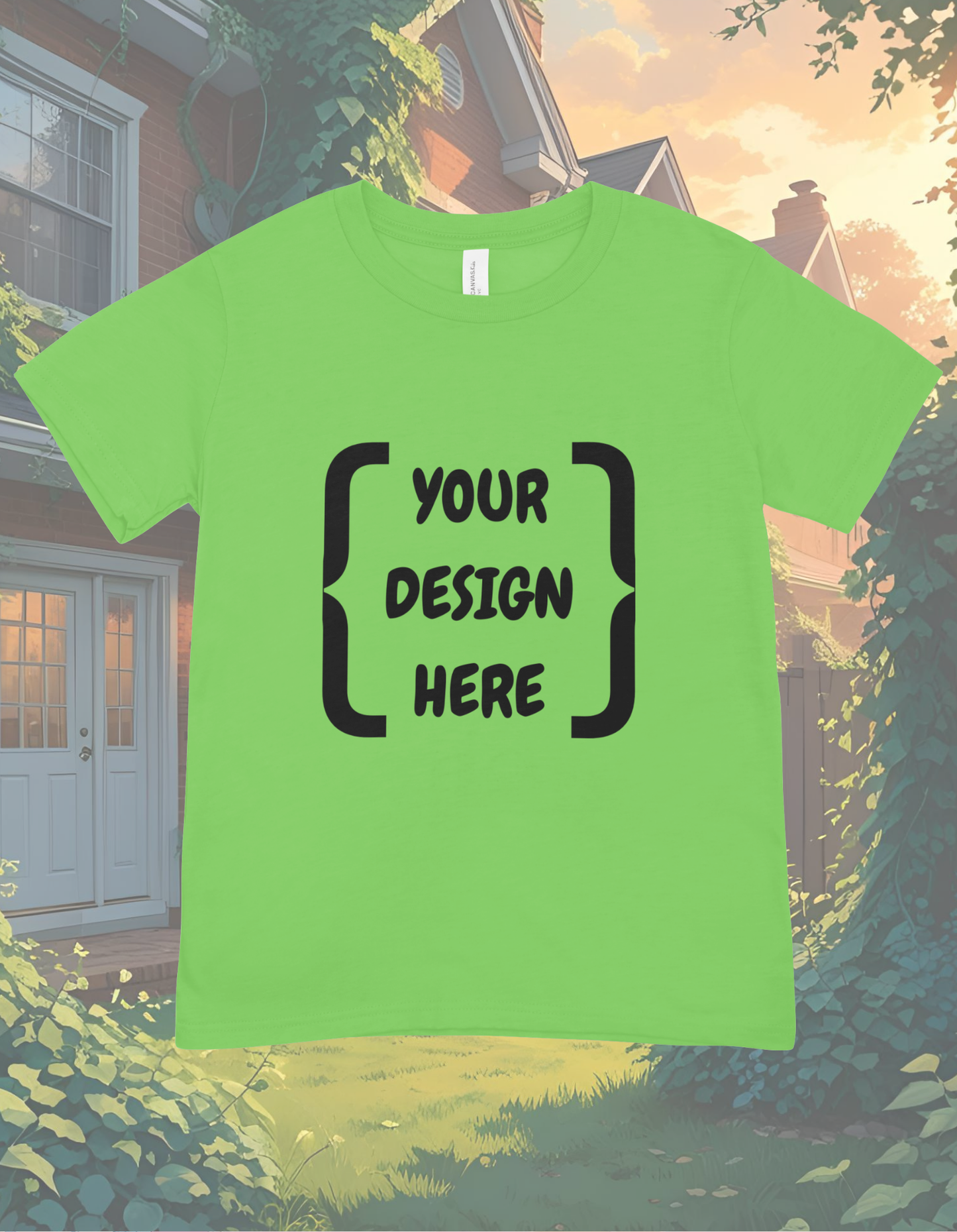 Green t-shirt with 'Your Design Here' text on a blurred outdoor background