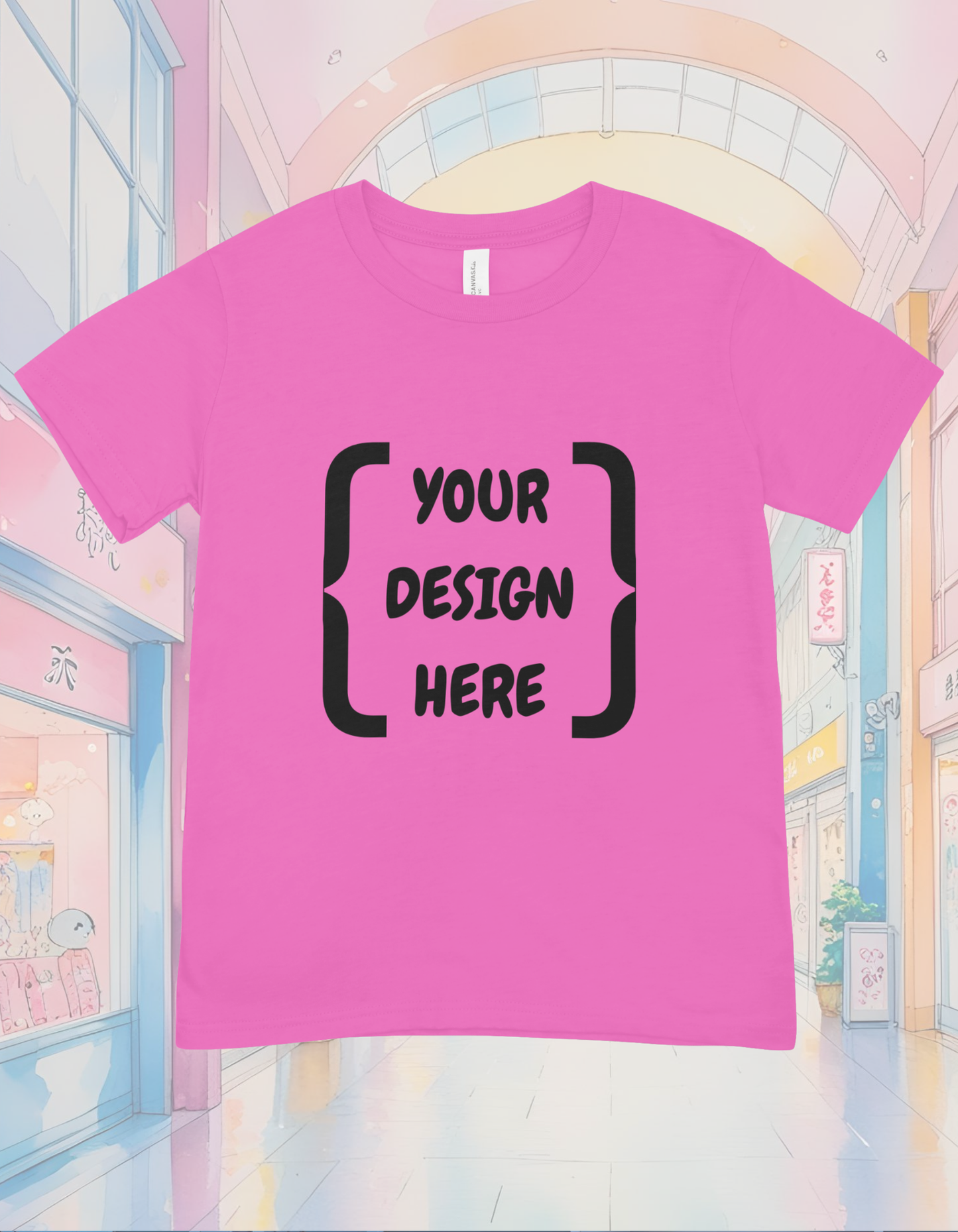 Pink t-shirt with 'Your Design Here' text in a cartoon setting