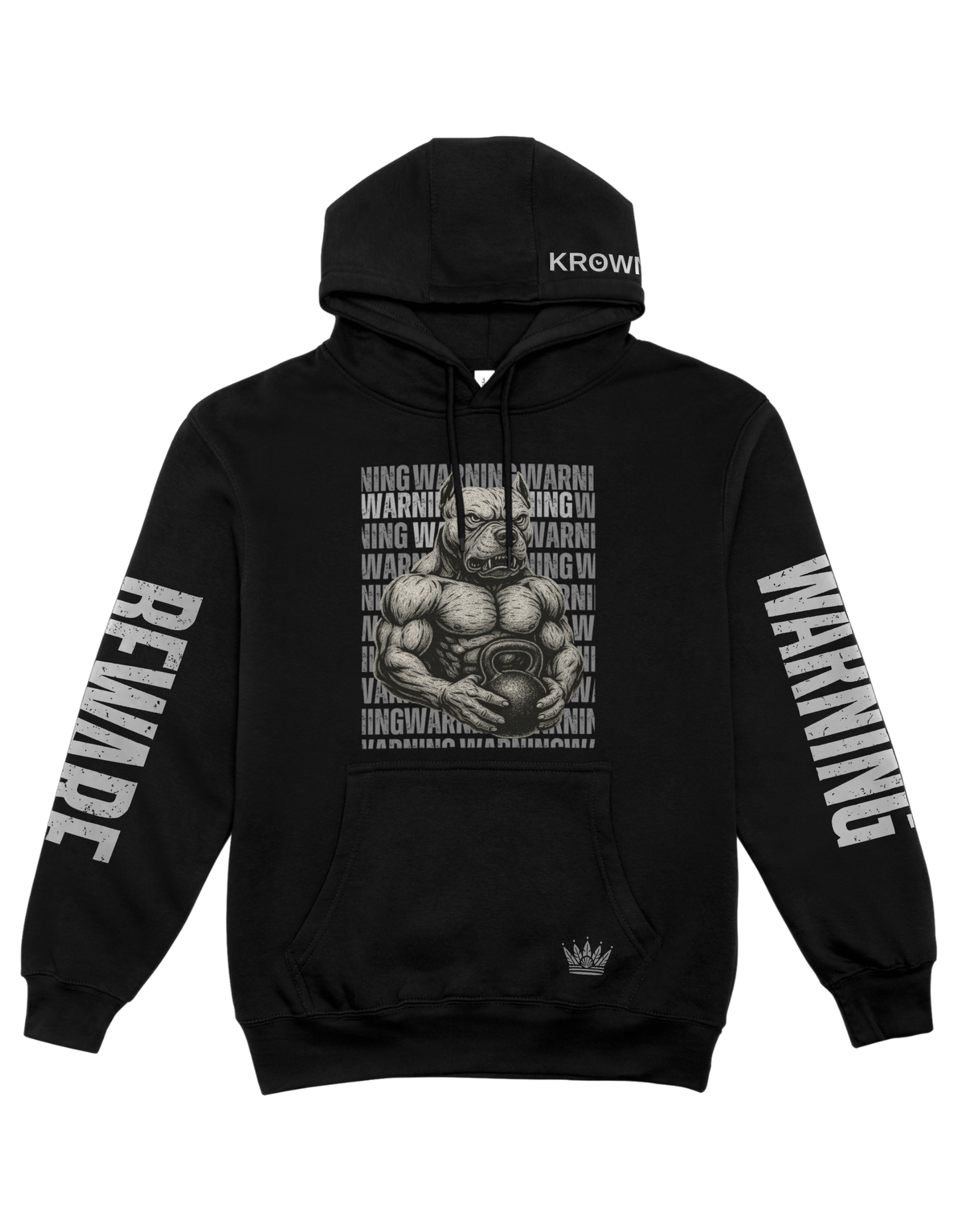 Black hoodie with graphic design and text on a white background