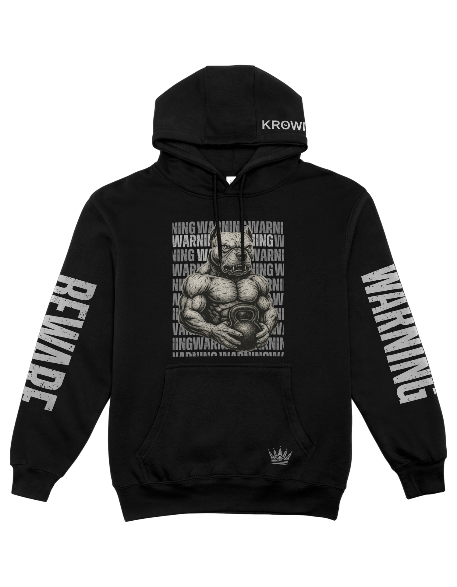 Black hoodie with graphic design and text on a white background