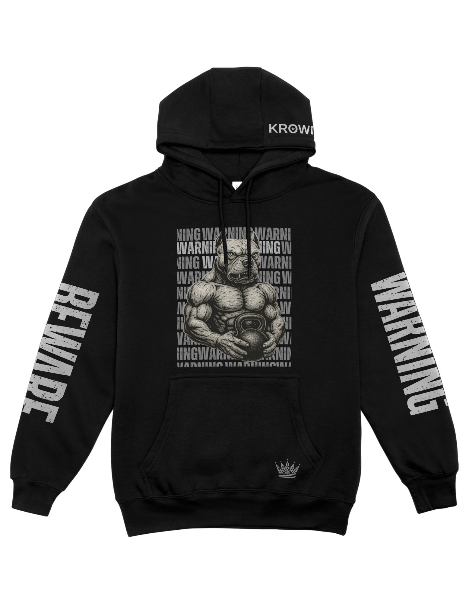 Black hoodie with graphic design and text on a white background