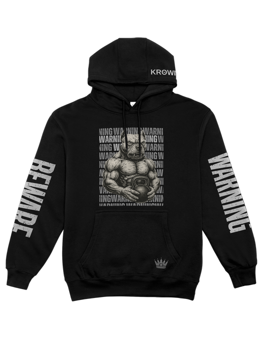 Black hoodie with graphic design and text on a white background