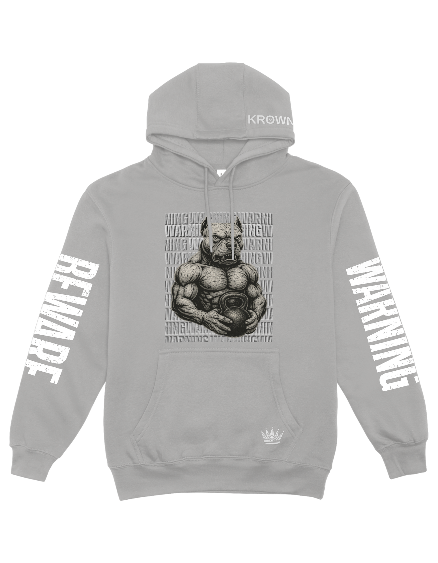 Gray hoodie with graphic design and text on a white background