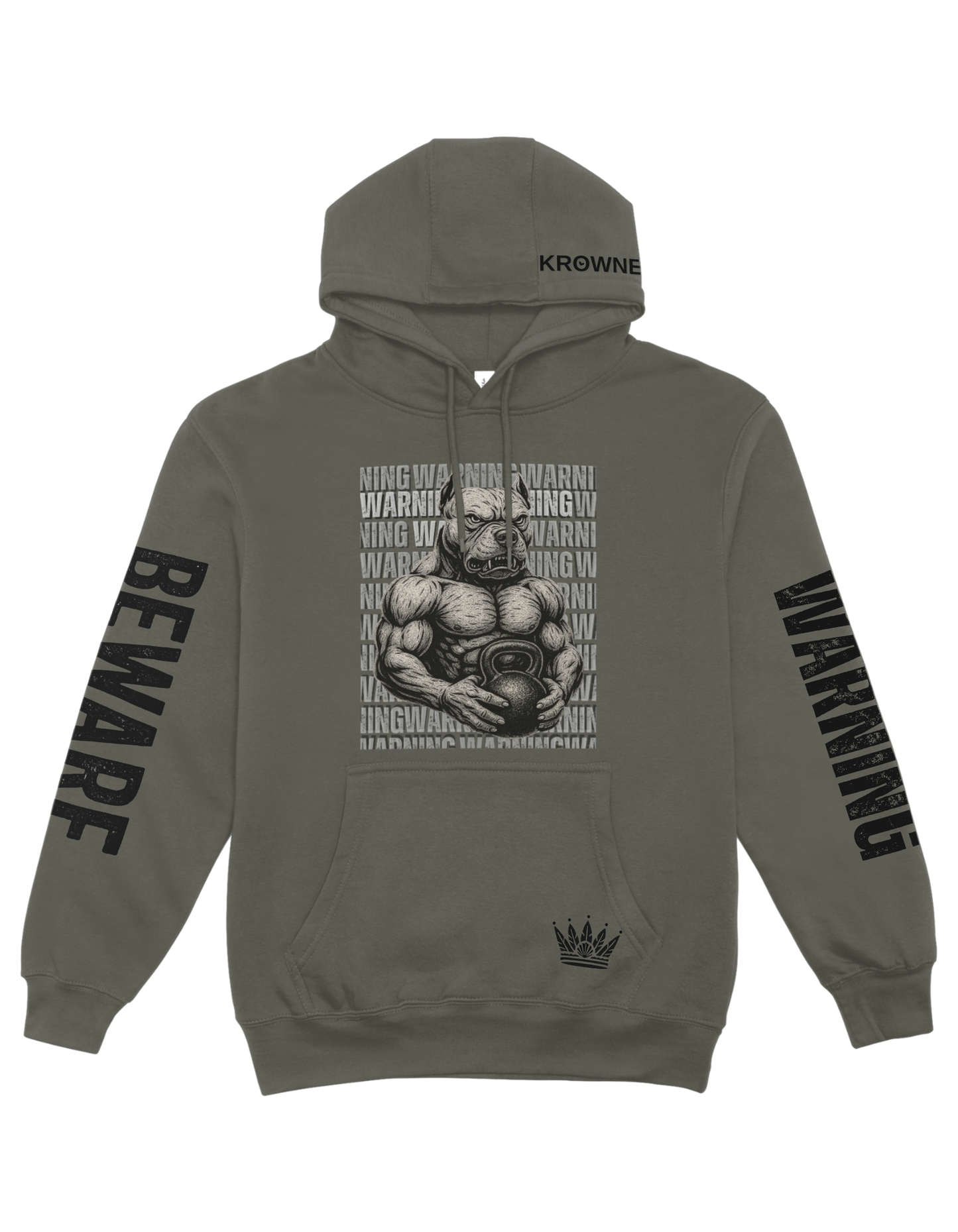 Olive Green hoodie with graphic design and text on a white background