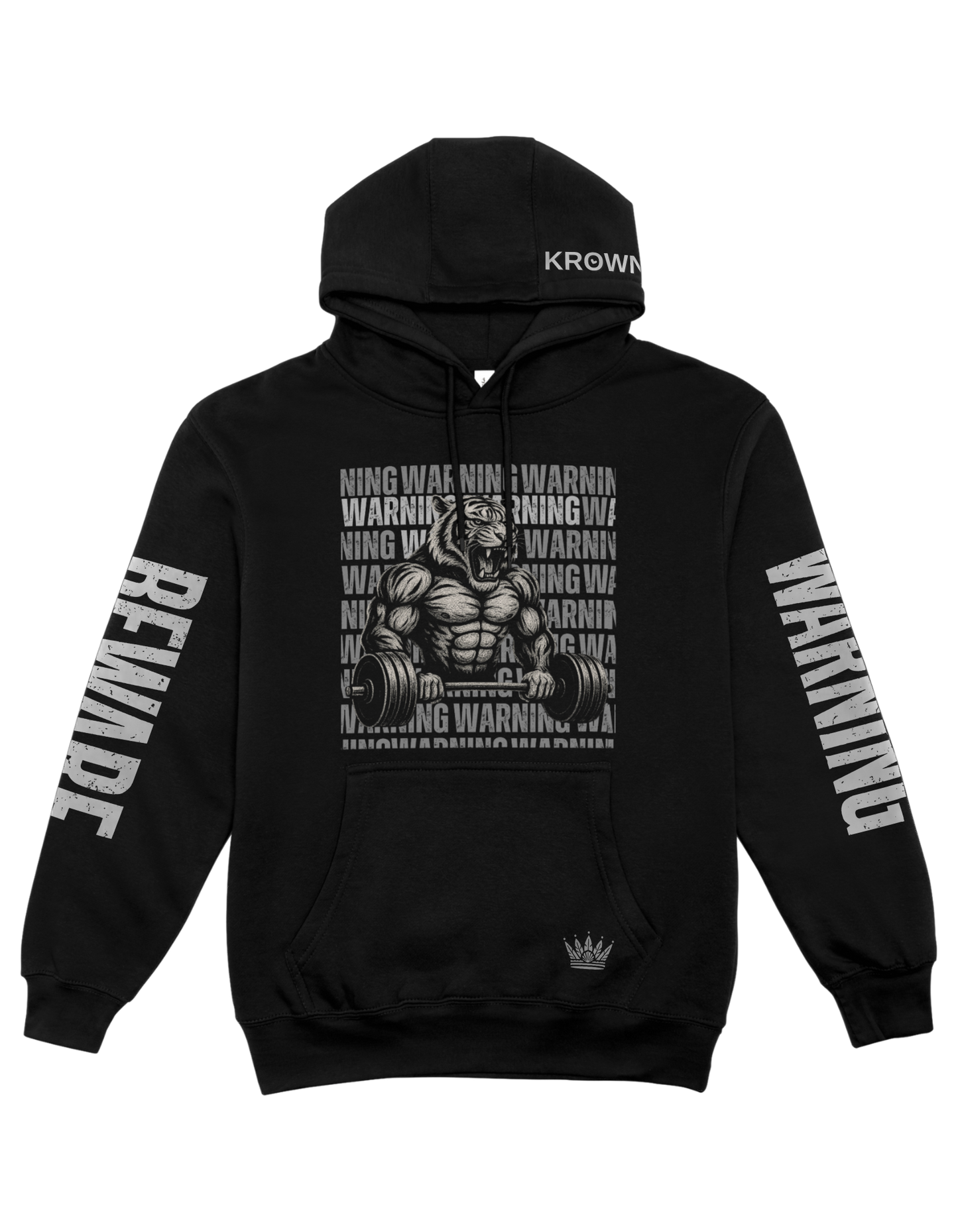 Black hoodie with graphic design and text on a white background