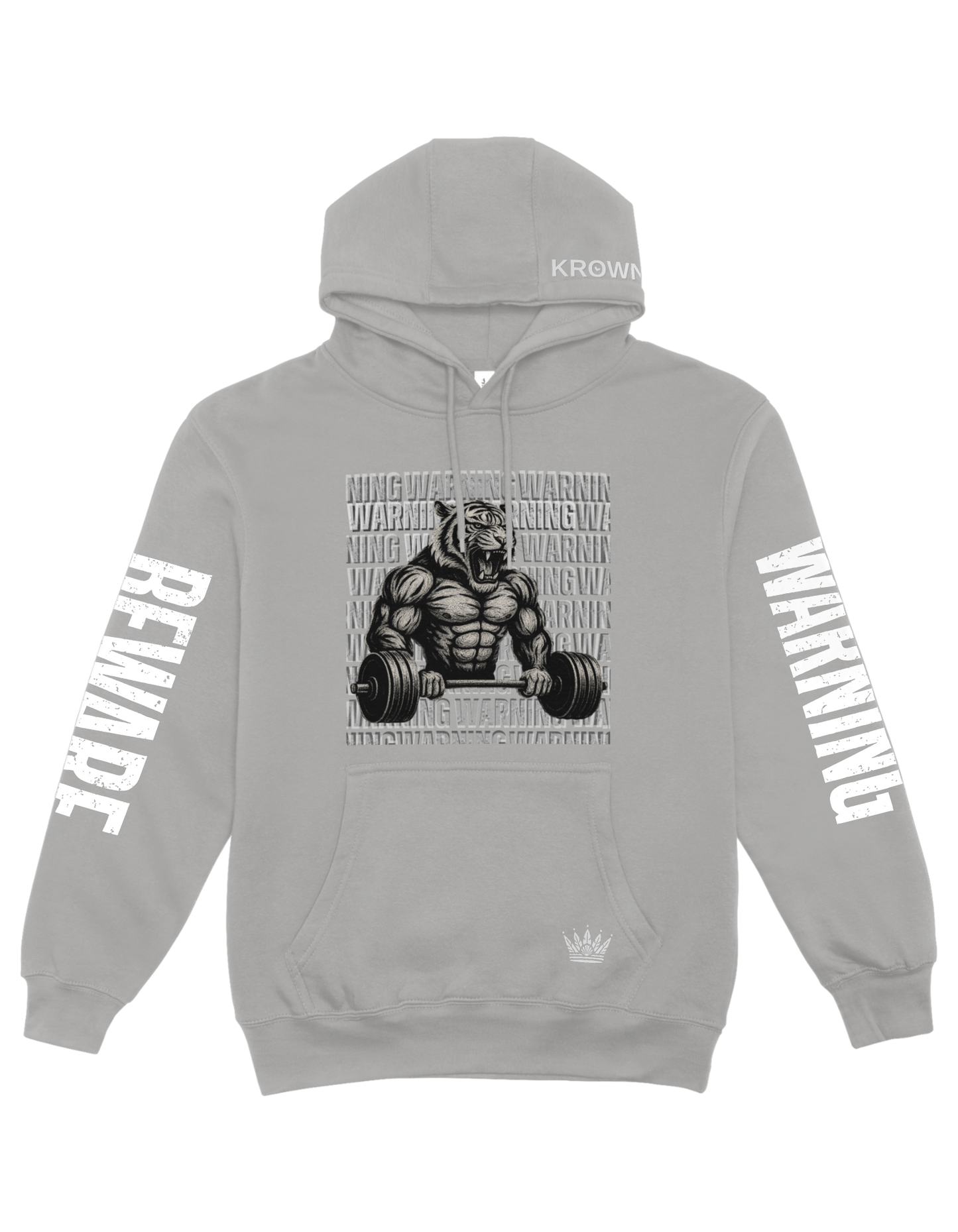 Gray hoodie with a graphic of a muscular figure lifting weights and text on a white background