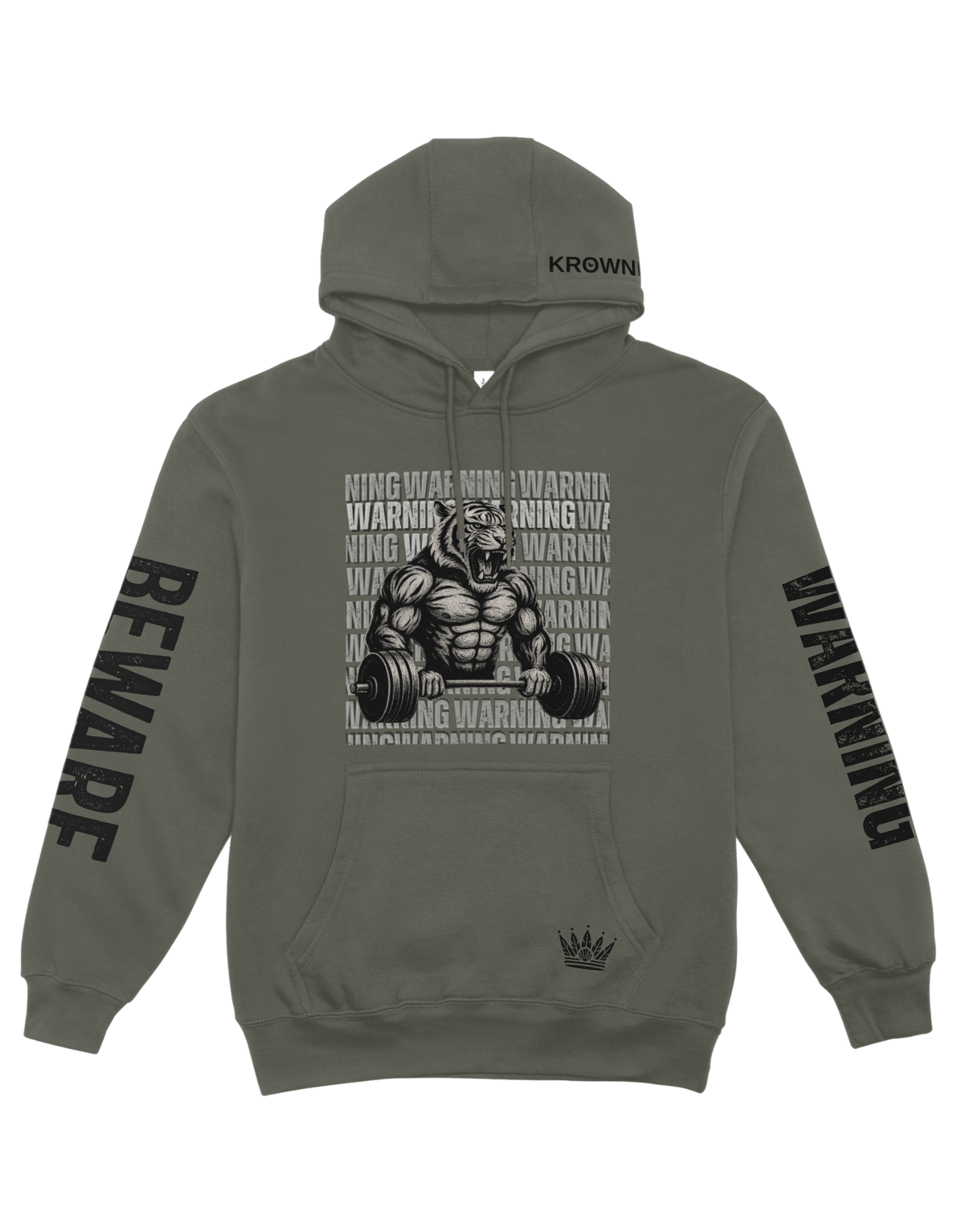 Olive Green hoodie with graphic design and text on a white background