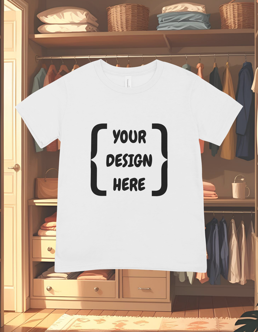 White t-shirt with 'Your Design Here' text in a closet setting